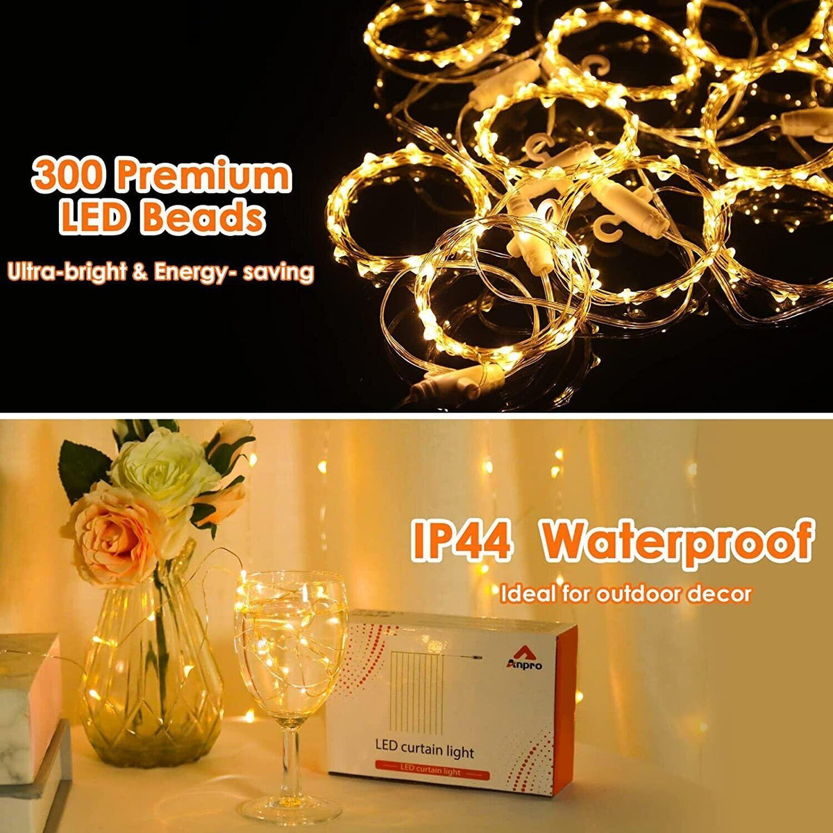 LED USB Light Curtain 3x3M 300 LEDs 8 Modes Warm White Indoor Anpro