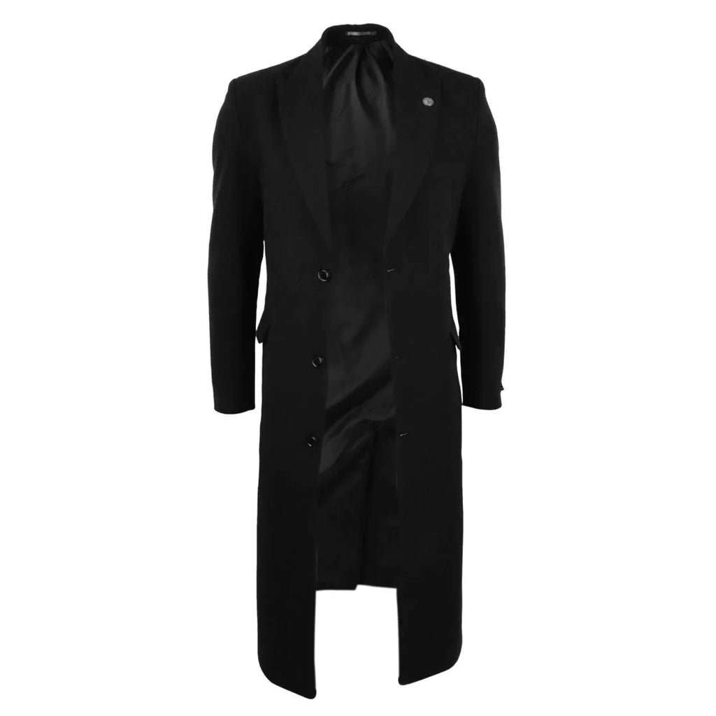 Men's Full Length Overcoat Mac Jacket Wool Feel Charcoal Black 1920s Blinders