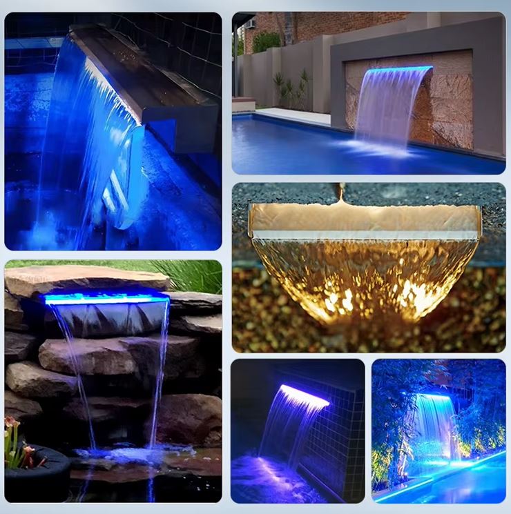 Pool Water Blade Waterfall Fountain LED Light Stainless Steel Garden Spa Wall