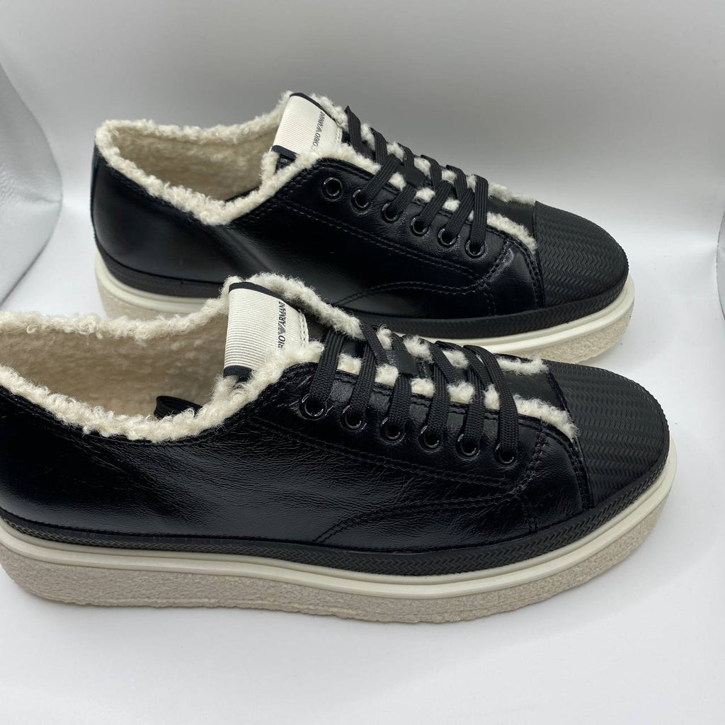 Emporio Armani Womens Black Leather Trainers Faux Fur UK 5 EU 38 Sneakers
