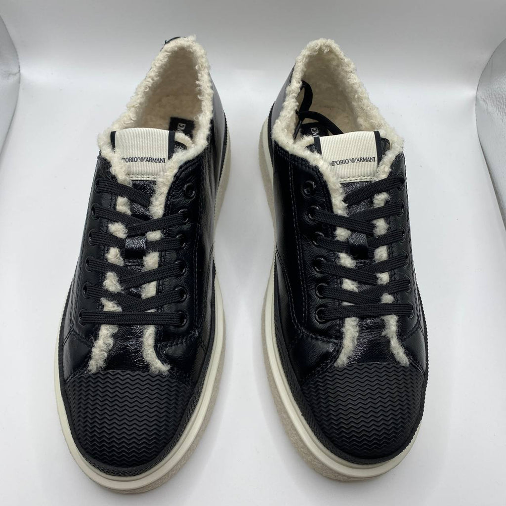 Emporio Armani Womens Black Leather Trainers Faux Fur UK 5 EU 38 Sneakers