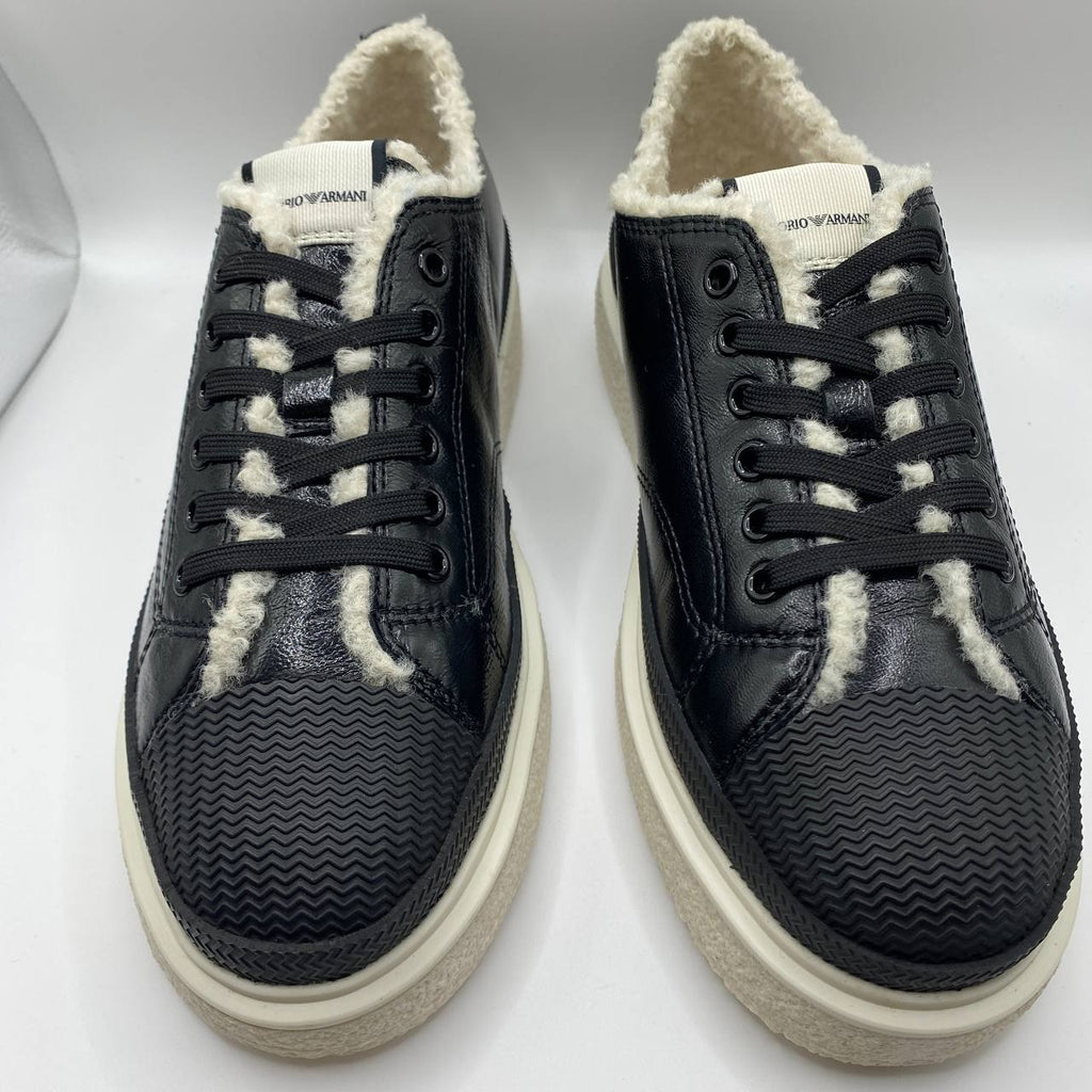 Emporio Armani Womens Black Leather Trainers Faux Fur UK 5 EU 38 Sneakers