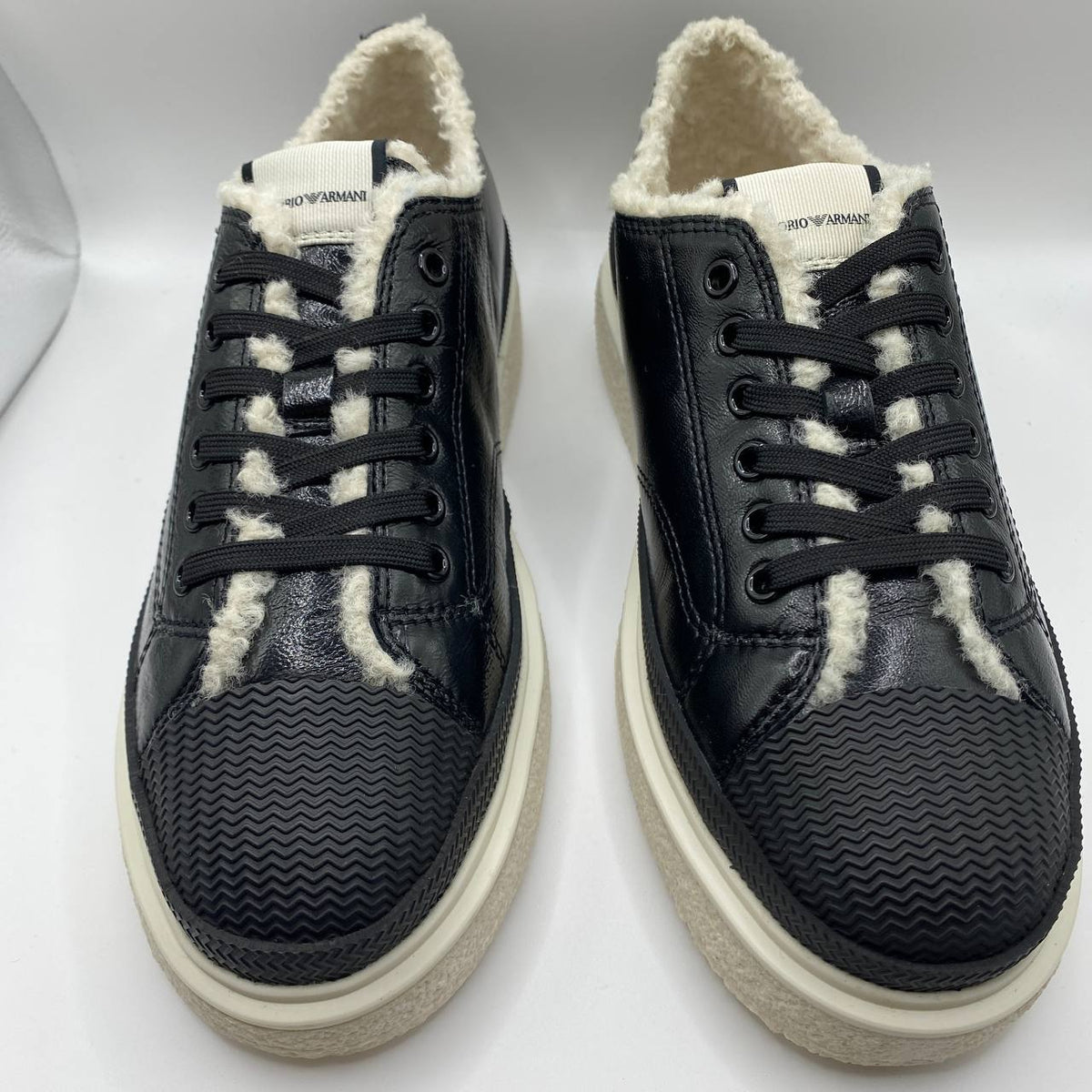 Emporio Armani Womens Black Leather Trainers Faux Fur UK 5 EU 38 Sneakers