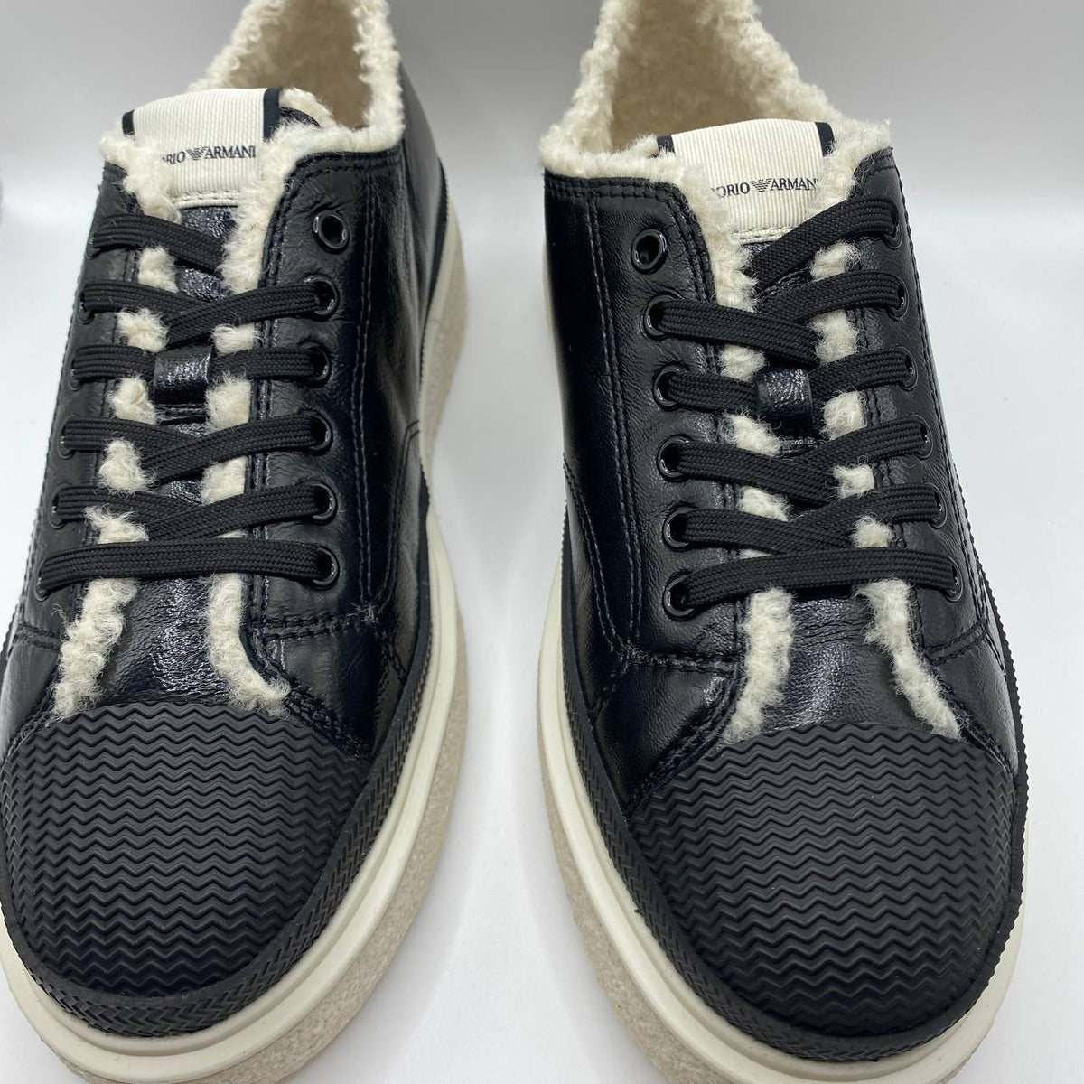 Emporio Armani Womens Black Leather Trainers Faux Fur UK 5 EU 38 Sneakers