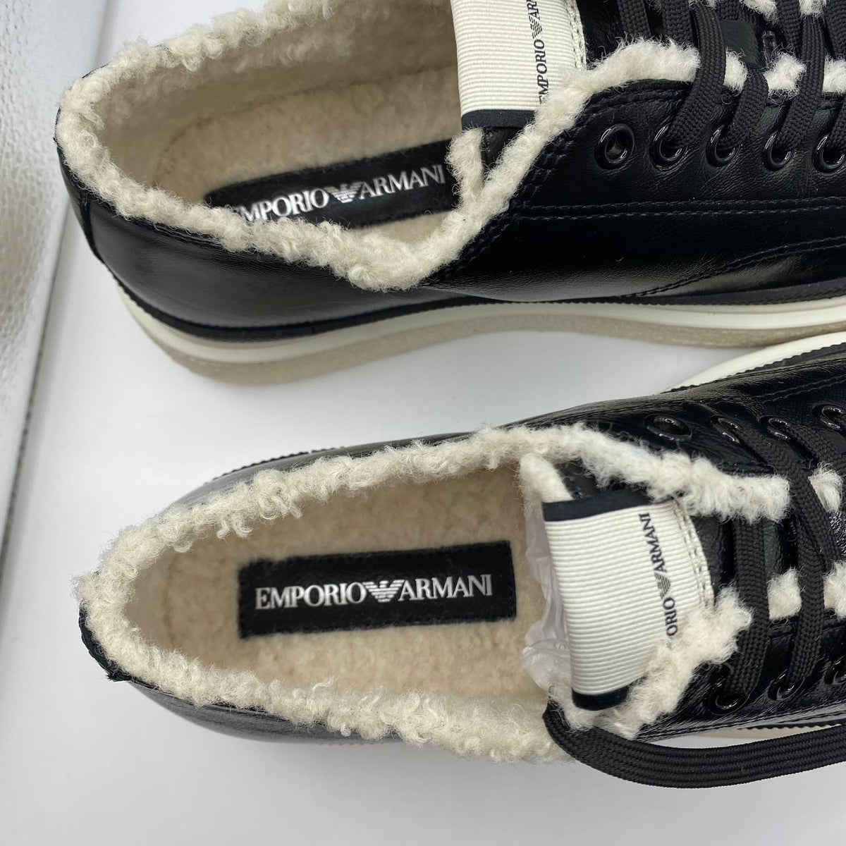Emporio Armani Womens Black Leather Trainers Faux Fur UK 5 EU 38 Sneakers