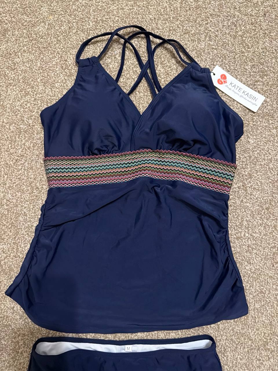 Womens Swimsuit Two Piece Tankini Tummy Control Halter Navy Size M Kate Kasin