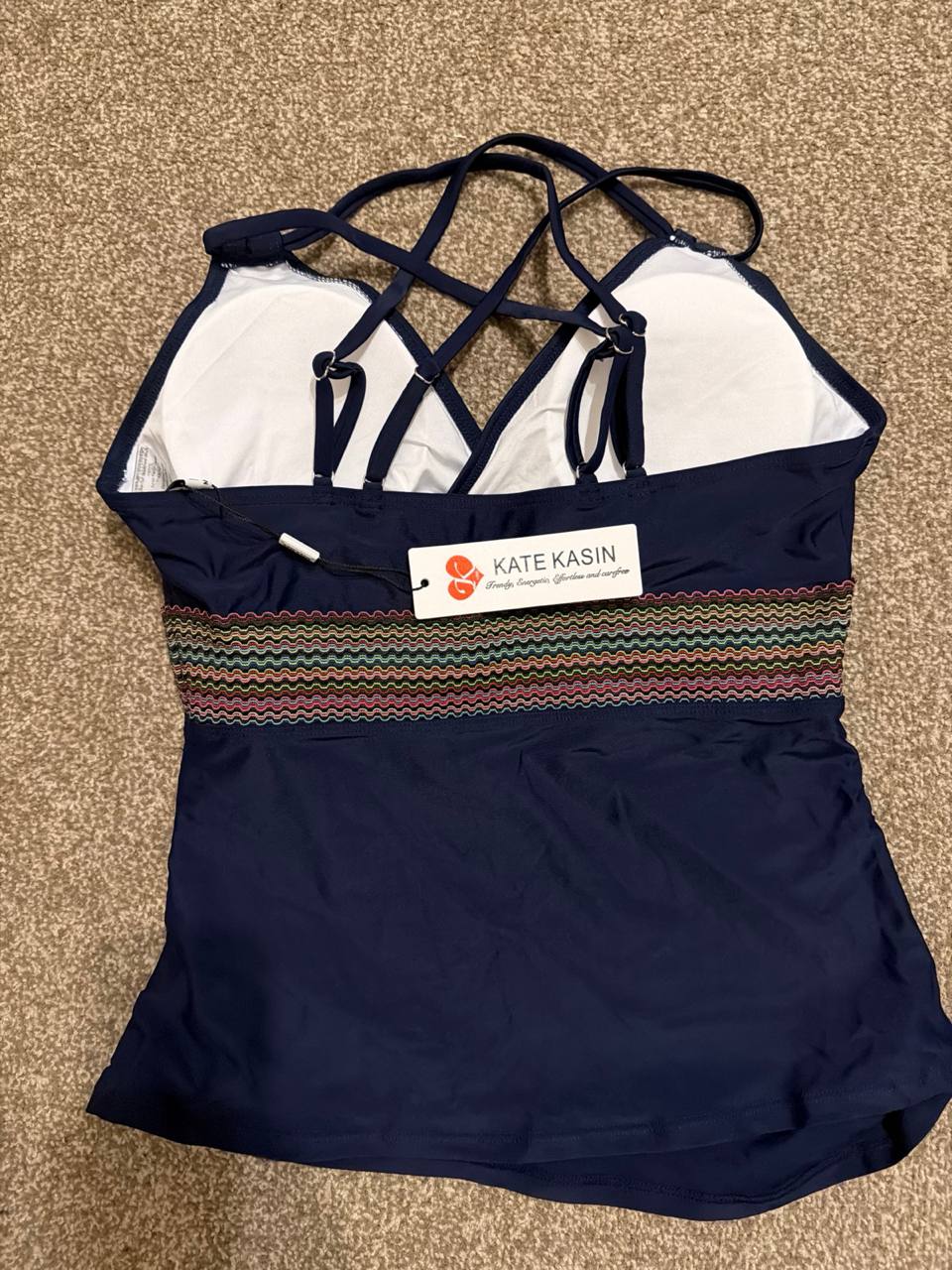 Womens Swimsuit Two Piece Tankini Tummy Control Halter Navy Size M Kate Kasin