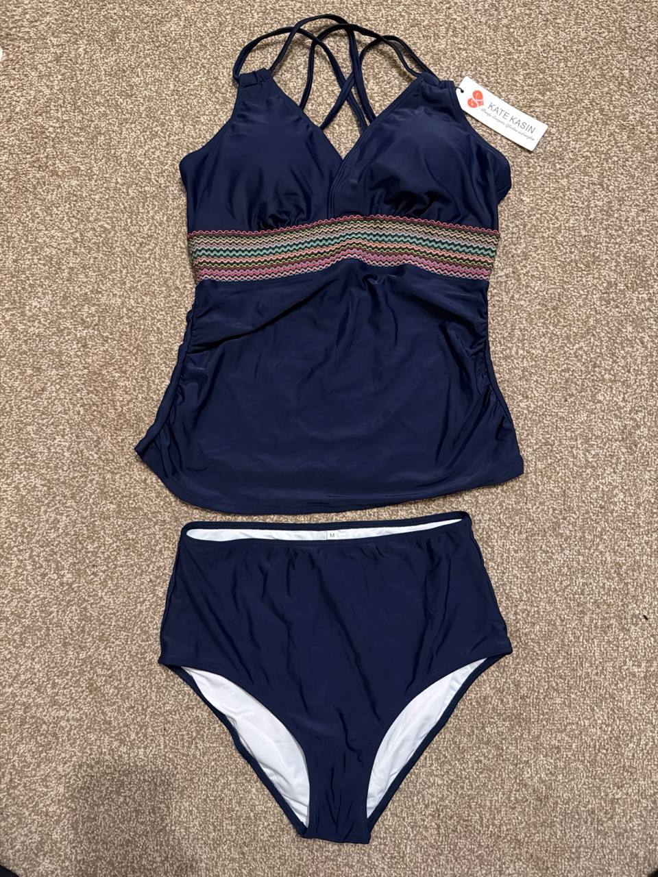 Womens Swimsuit Two Piece Tankini Tummy Control Halter Navy Size M Kate Kasin