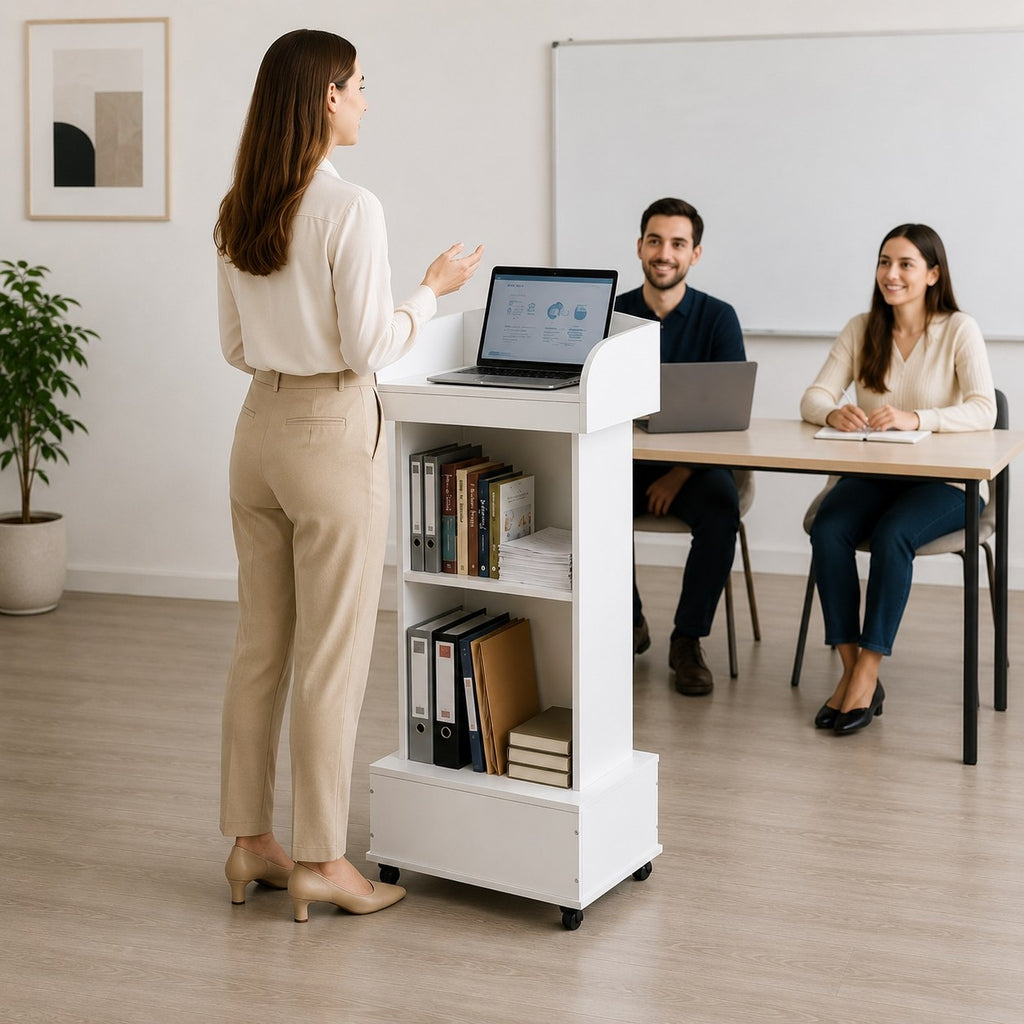 Lectern Podium Stand White Lockable Wheels Storage Shelves Portable lesolar Desk