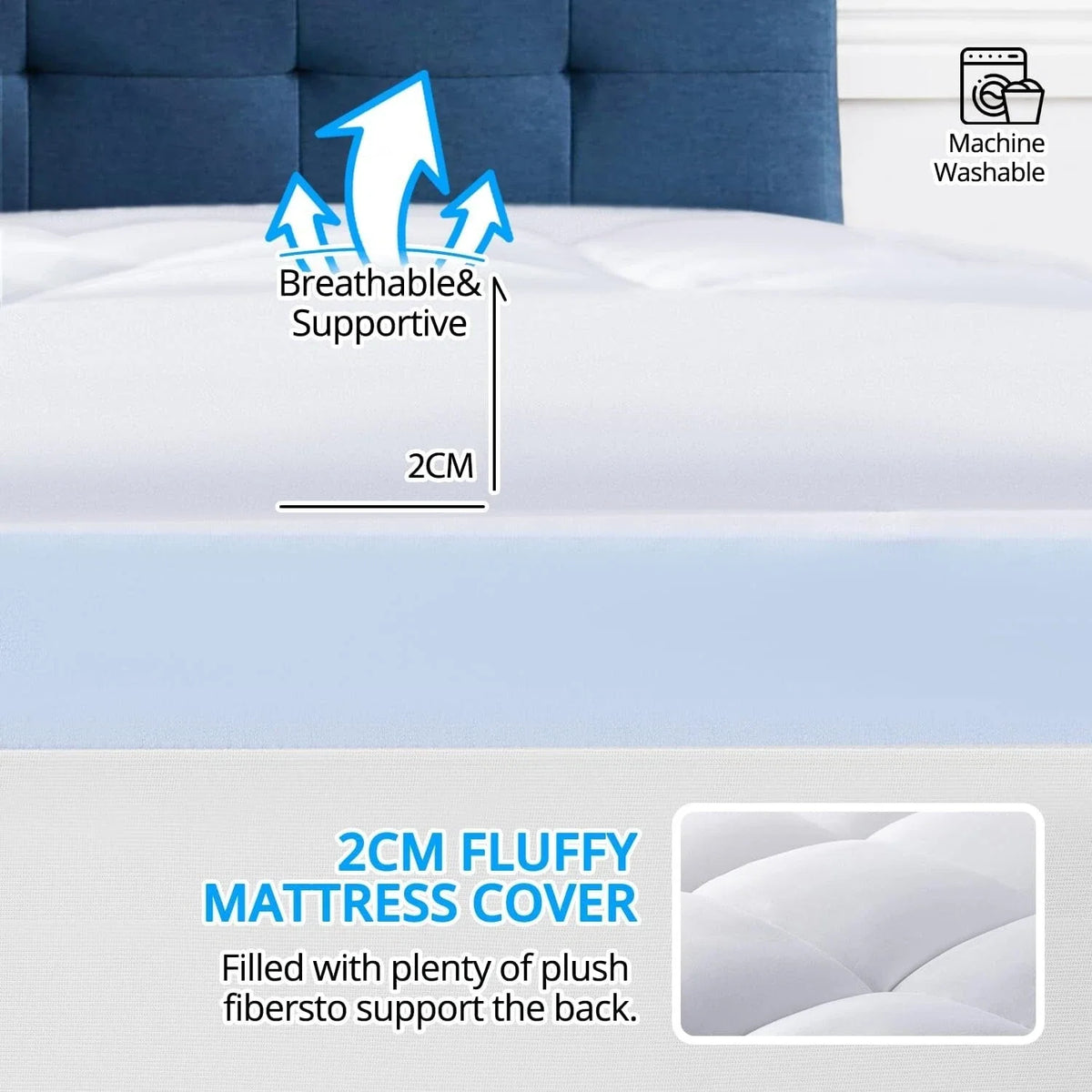 Mattress Topper Single 90x190cm Firm Support Washable Cover ELEMUSE