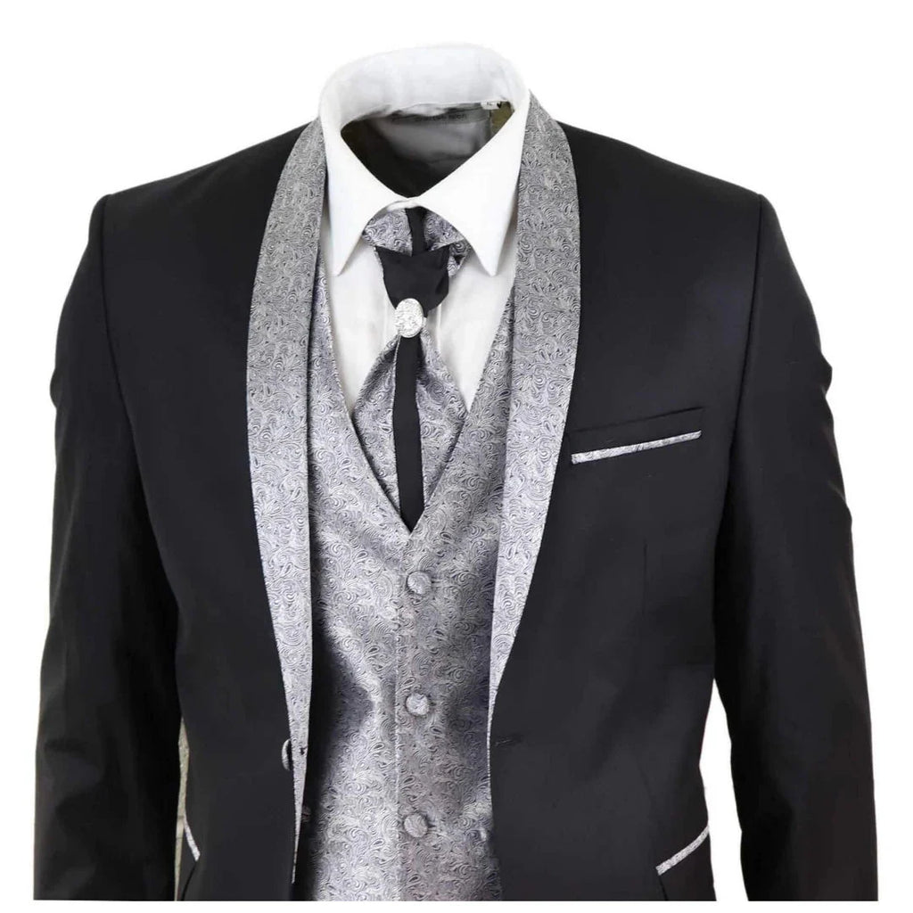 Sal-Yaica - Men's 4 Piece Wedding Suit Groom Shawl Collar Black Silver Cravat