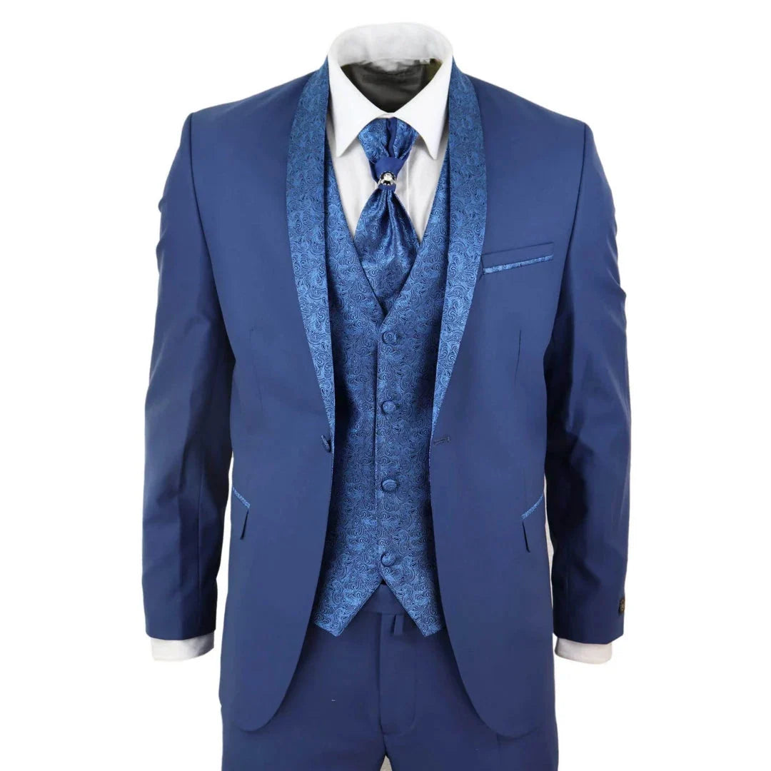 Sal-Yaica - Men's 4 Piece Wedding Suit Groom Shawl Collar Blue Cravat