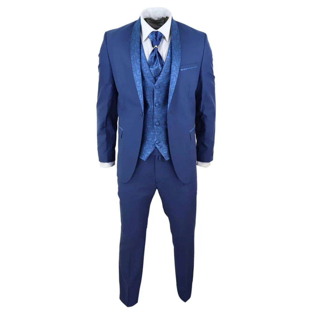 Sal-Yaica - Men's 4 Piece Wedding Suit Groom Shawl Collar Blue Cravat
