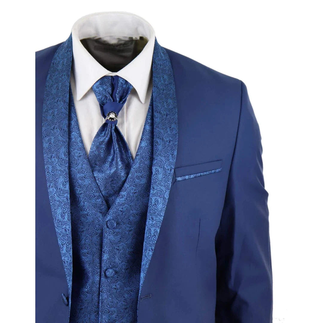 Sal-Yaica - Men's 4 Piece Wedding Suit Groom Shawl Collar Blue Cravat
