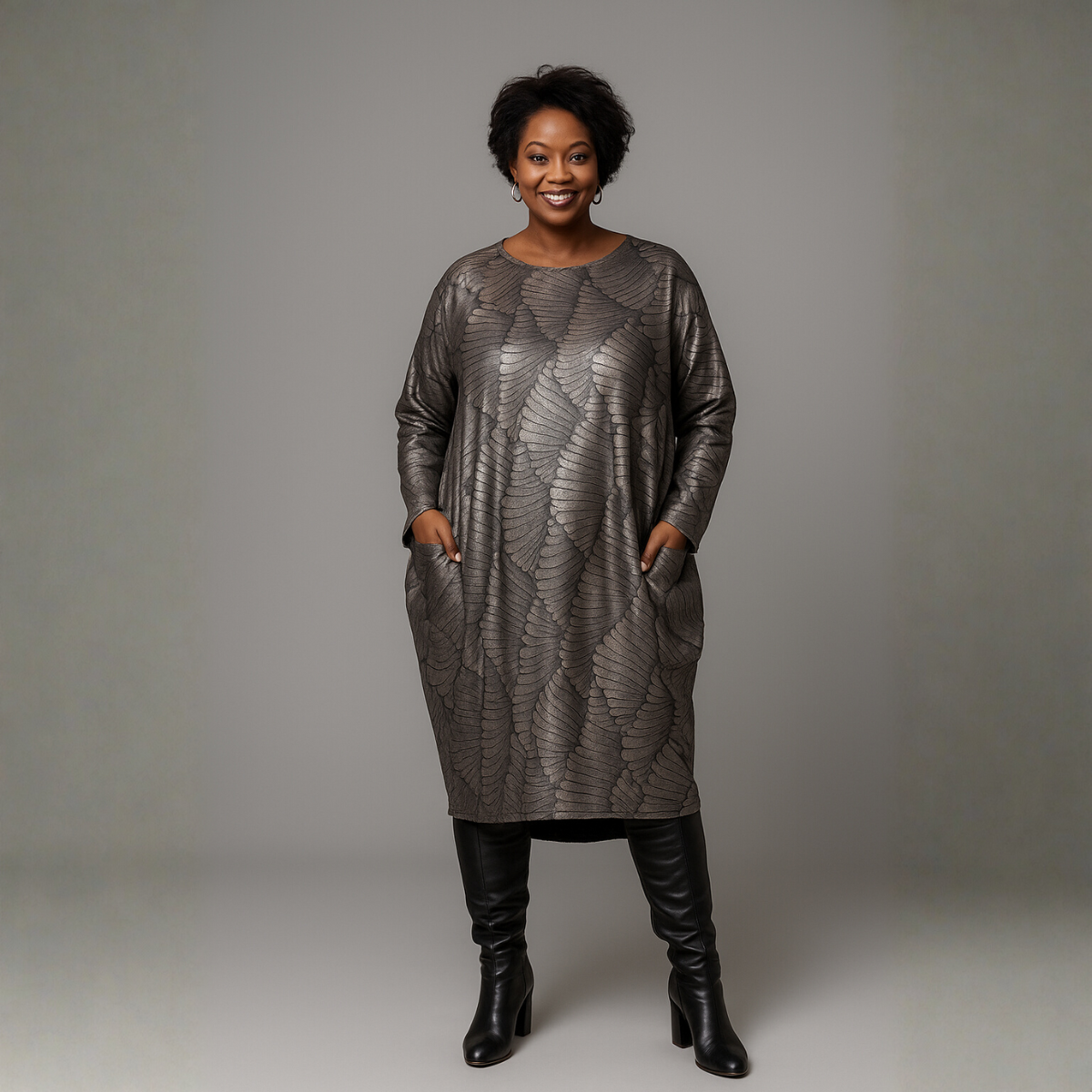 Pewter Metallic Loose Fit Dipped Hem Pocket Dress