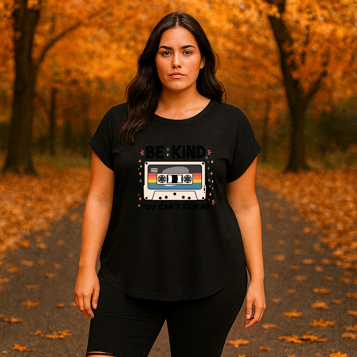Dipped-Hem T-Shirt with Retro Be Kind Print