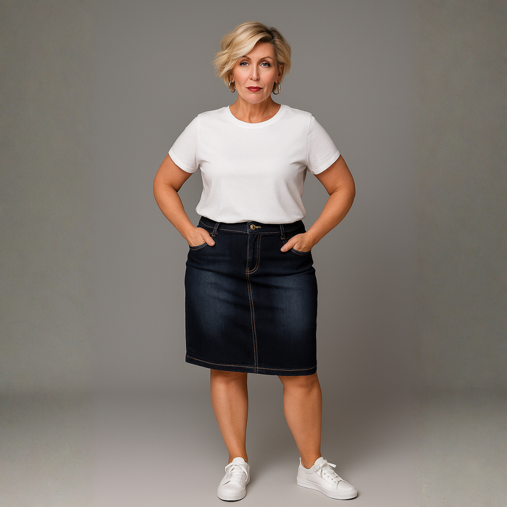 Dark Blue Denim Skirt with Studded Butterfly Pockets