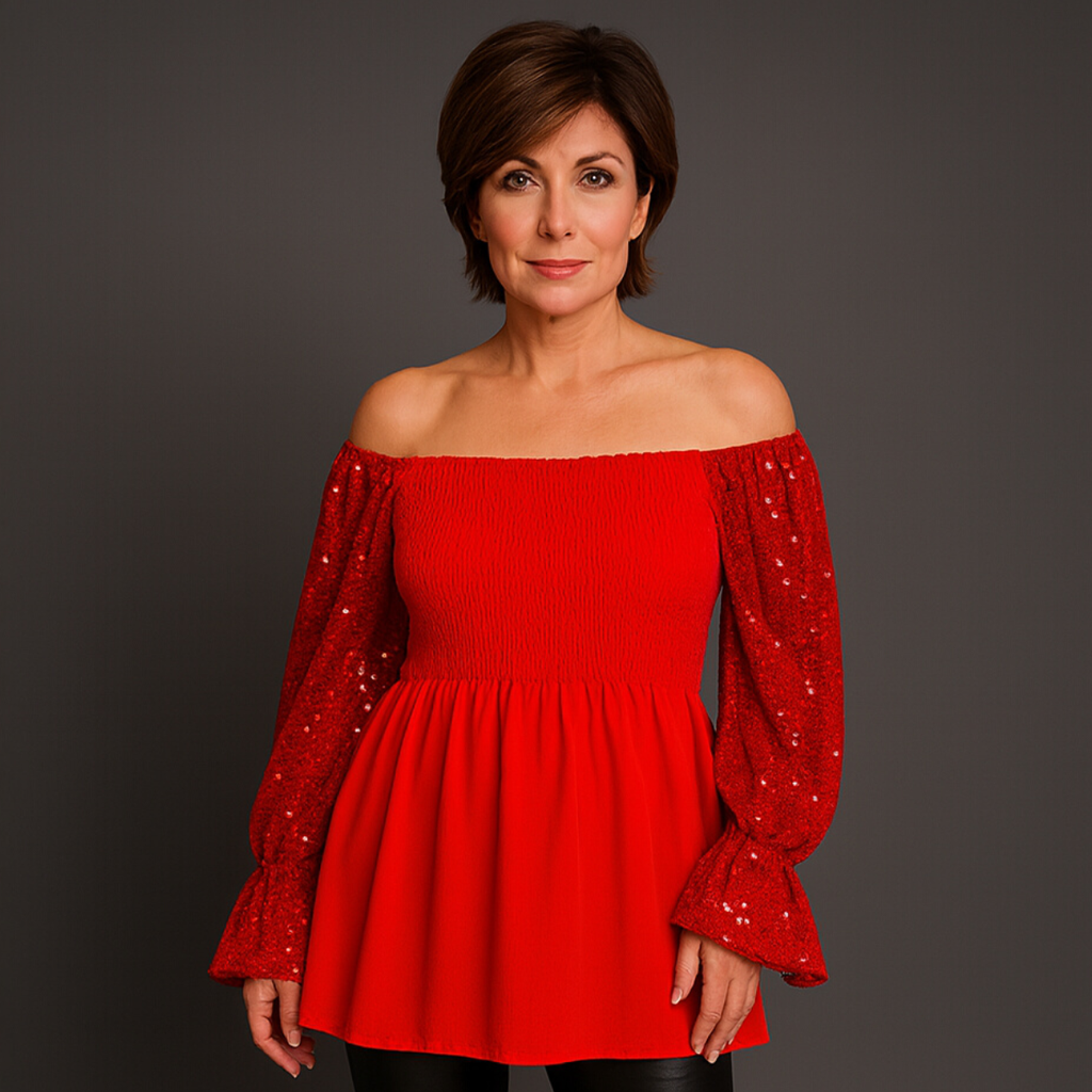 Sequin Sleeve Smocked Front Peplum Party Top