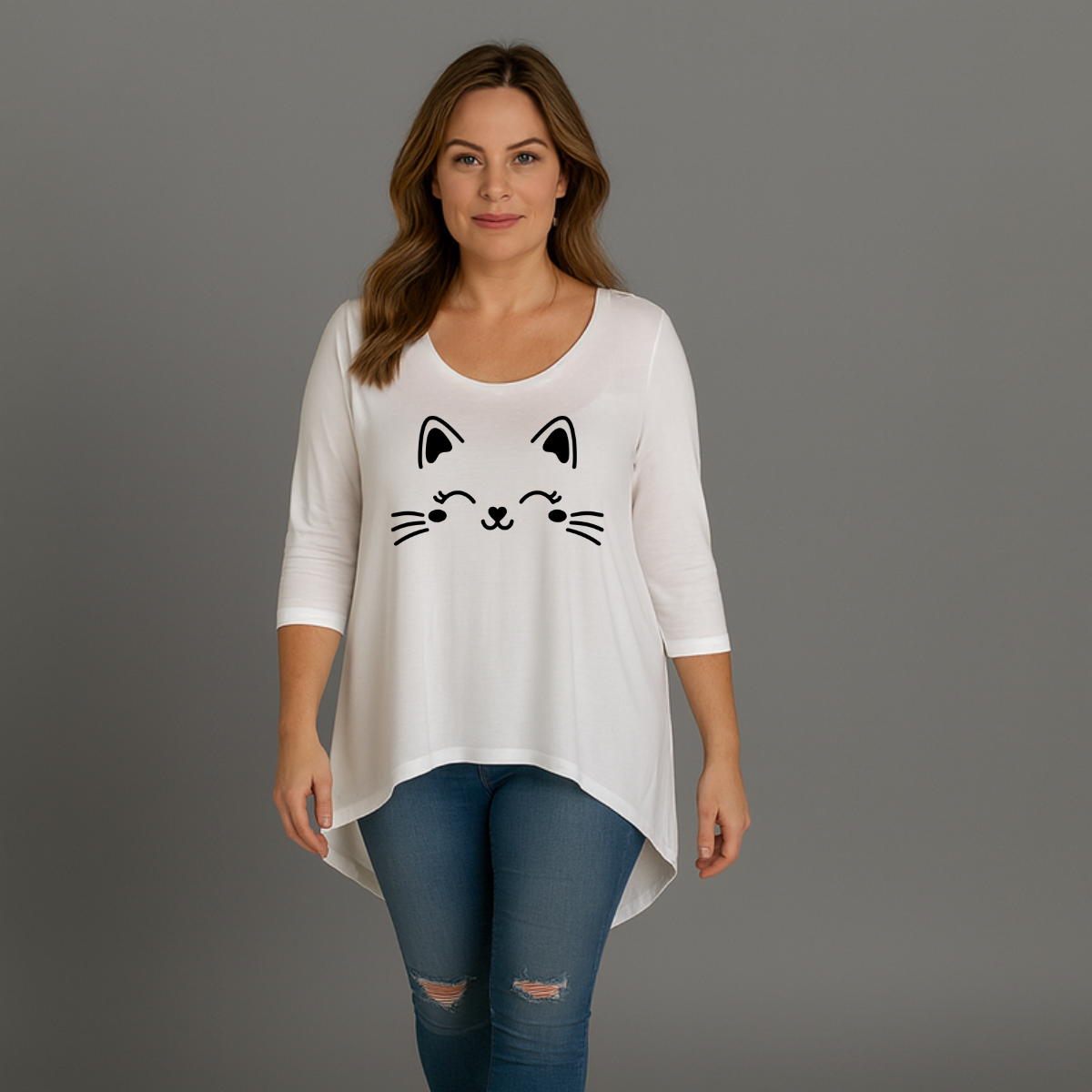 Cat Face 3/4 Sleeve Dipped Hem Top