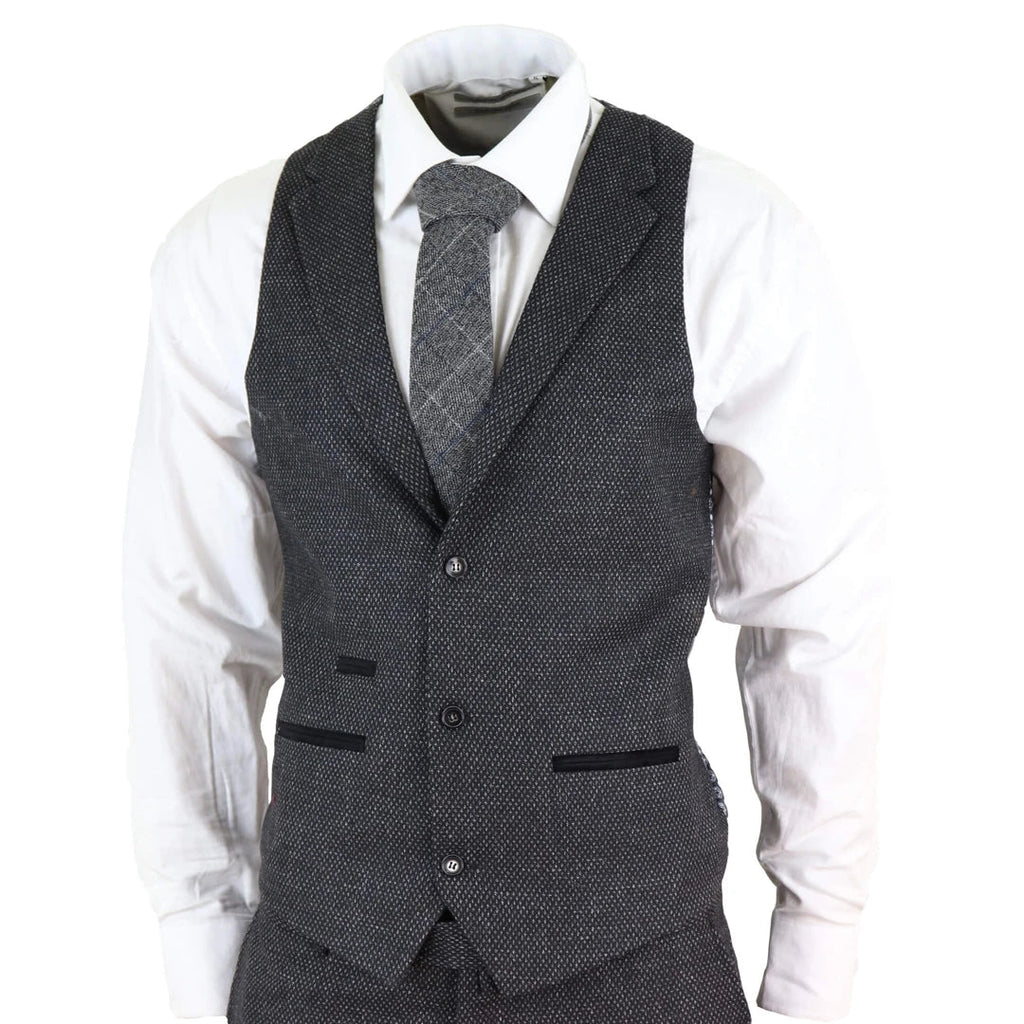STZ14 - Men's Wool 3 Piece Suit Tweed Charcoal Black Classic