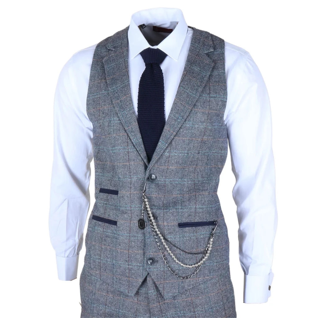 STZ74 - Men's 3 Piece Suit Wool Tweed Light Blue Grey Check