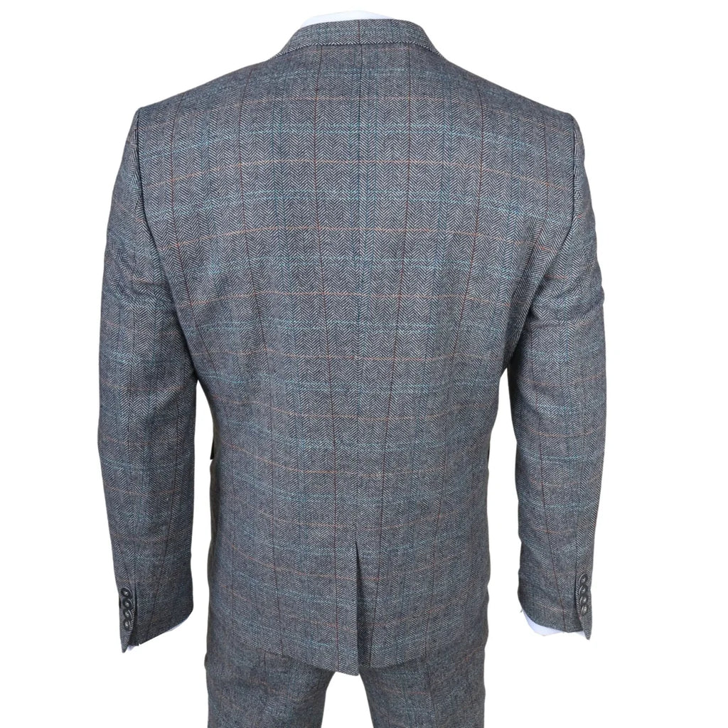 STZ74 - Men's 3 Piece Suit Wool Tweed Light Blue Grey Check