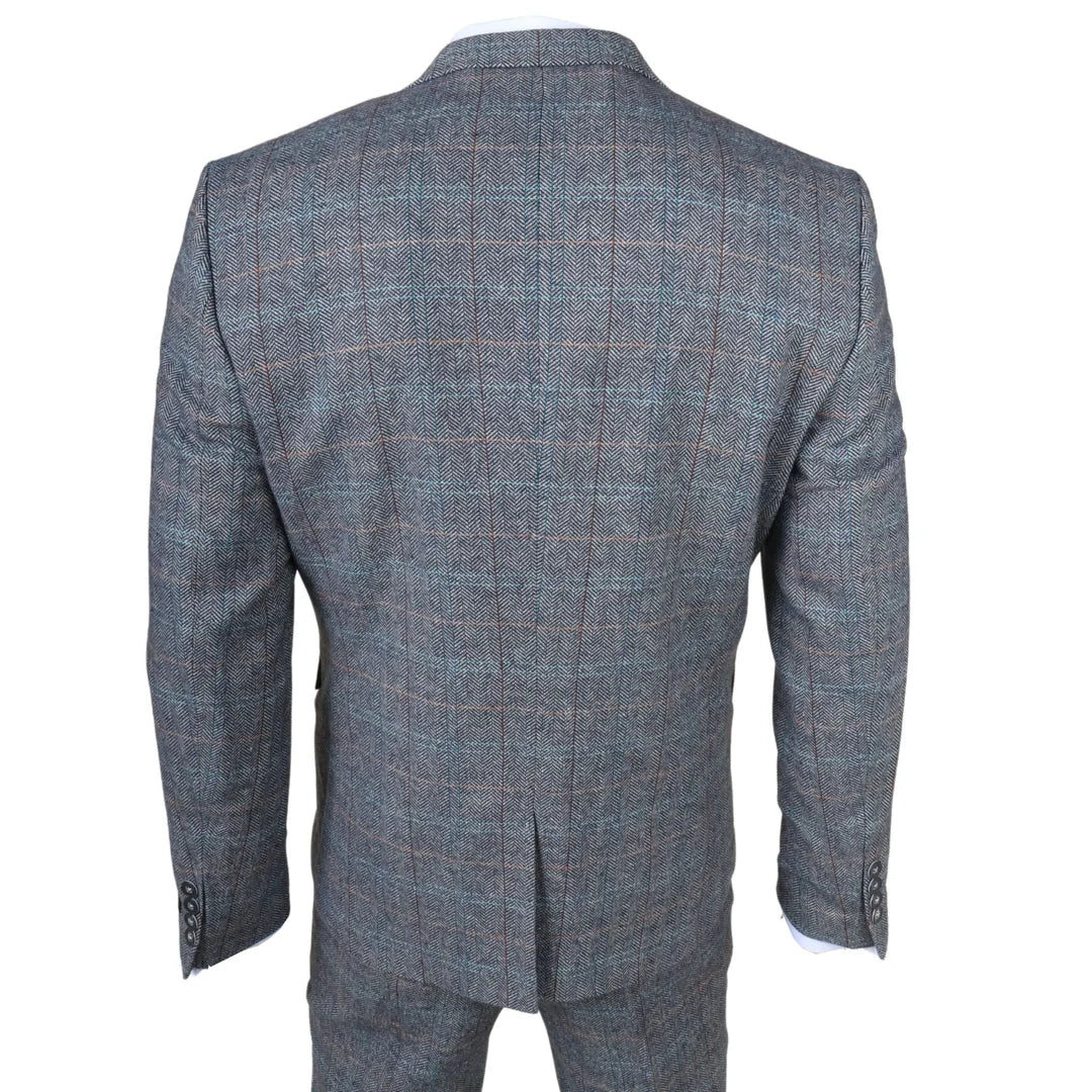 STZ74 - Men's 3 Piece Suit Wool Tweed Light Blue Grey Check