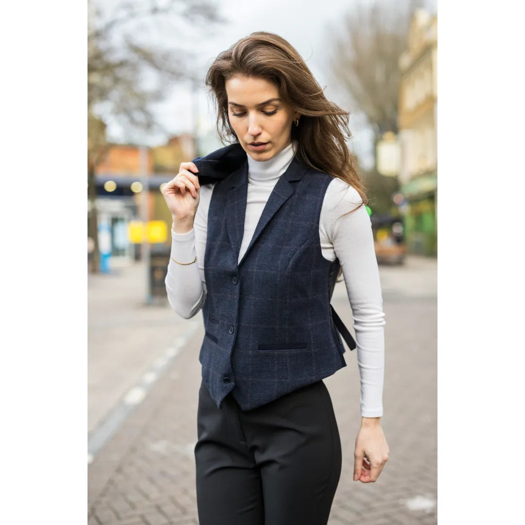 TPSTZ72 - Women's Navy Blue Tweed Blazer Waistcoat