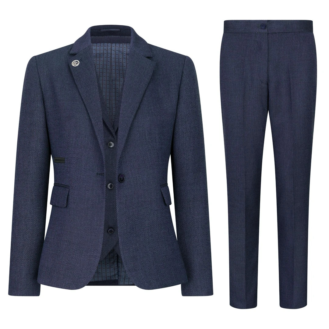 TPW-AK-04 - Women's Navy 3 Piece Herringbone Tweed Suit
