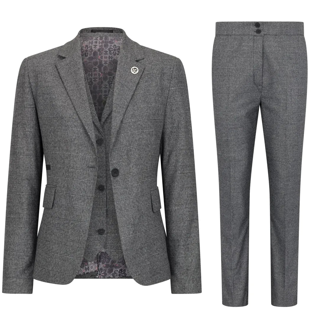 TPW51 - Women's Grey 3 Piece Prince Of Wales Check Suit