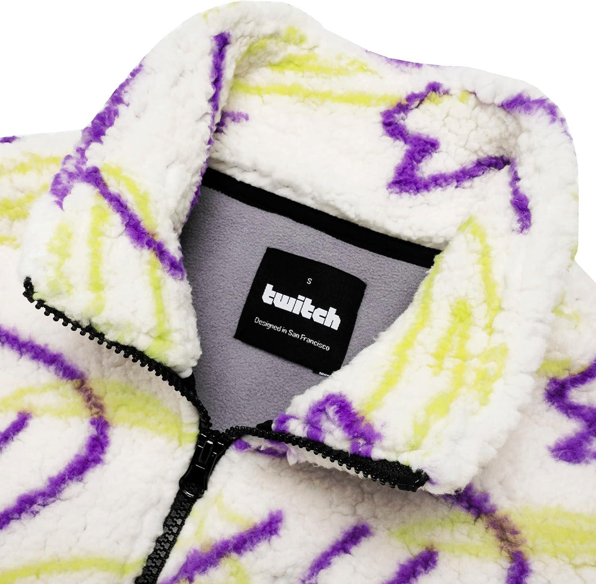 Twitch Zip Sherpa Jacket Mock Neck, Full Zip Oversized Fit with Graphic Pattern