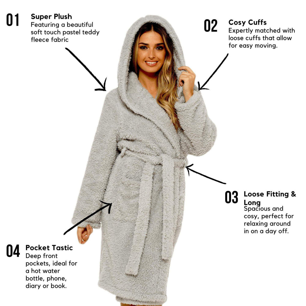 Daisy Dreamer Womens Grey Teddy Fleece Hooded Bath Robe Ultra Soft Loungewear