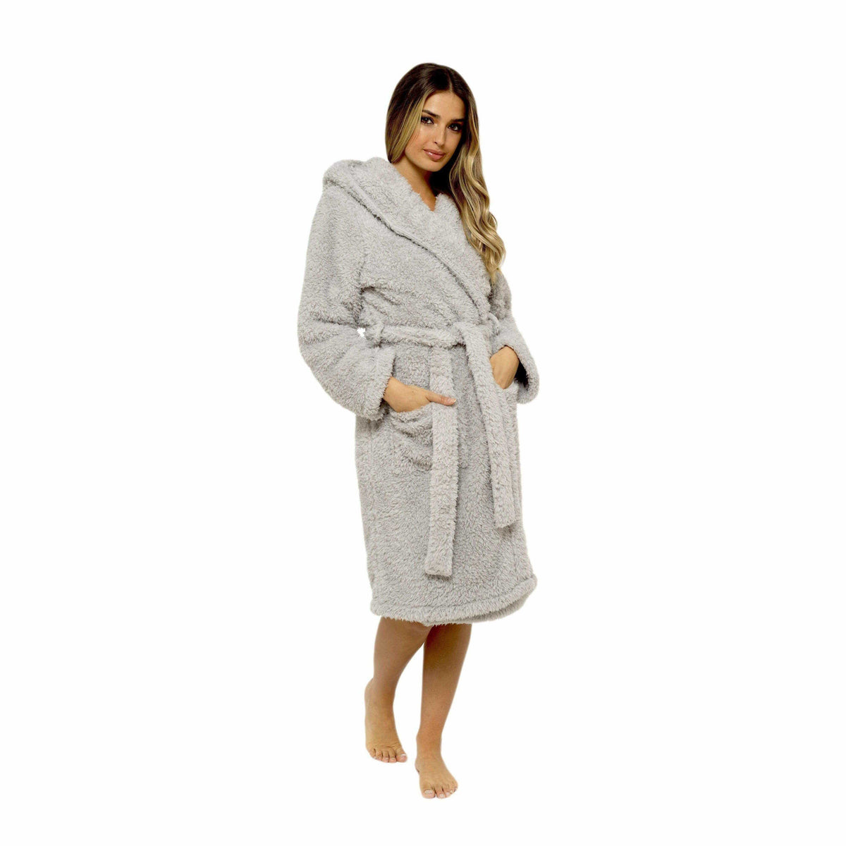 Daisy Dreamer Womens Grey Teddy Fleece Hooded Bath Robe Ultra Soft Loungewear
