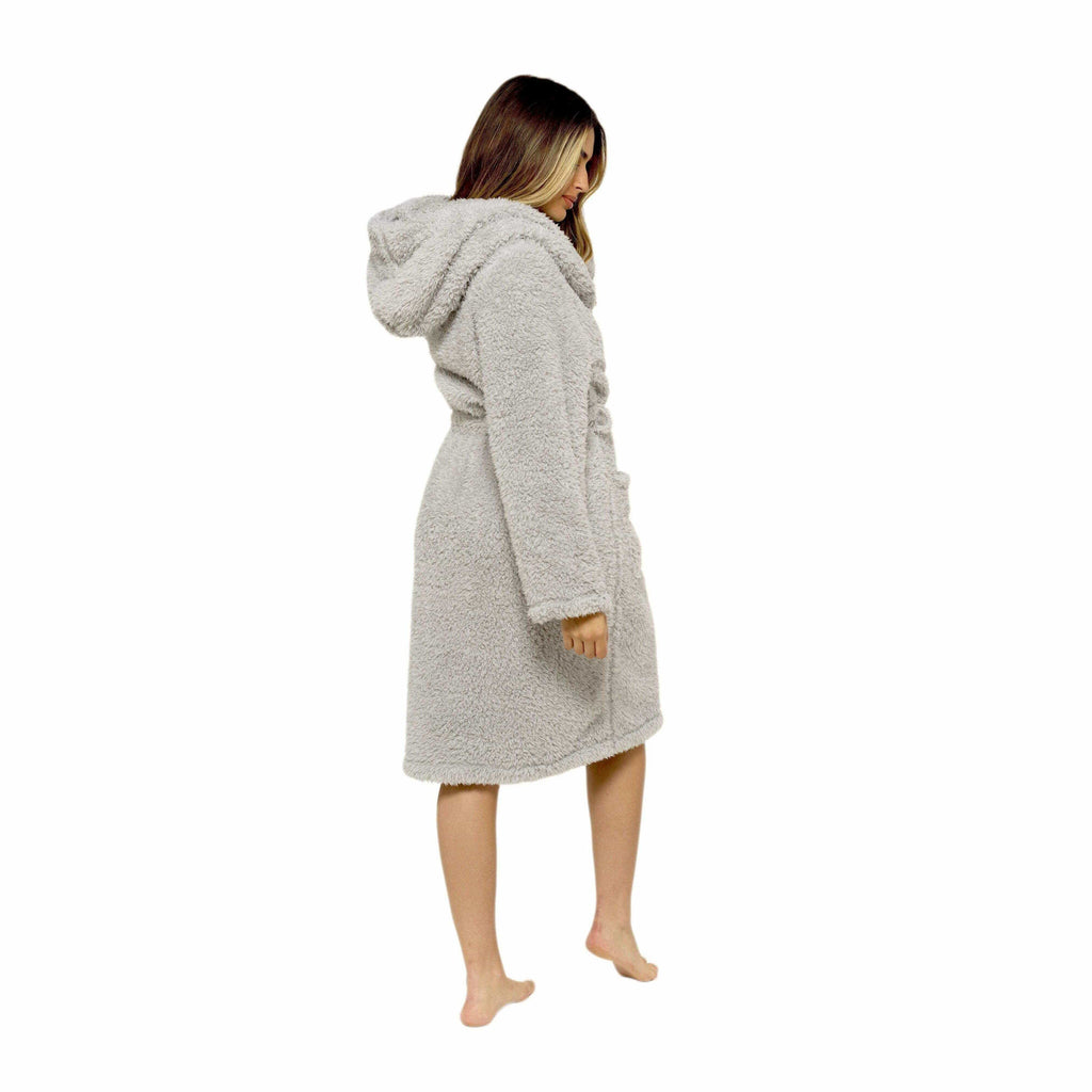 Daisy Dreamer Womens Grey Teddy Fleece Hooded Bath Robe Ultra Soft Loungewear