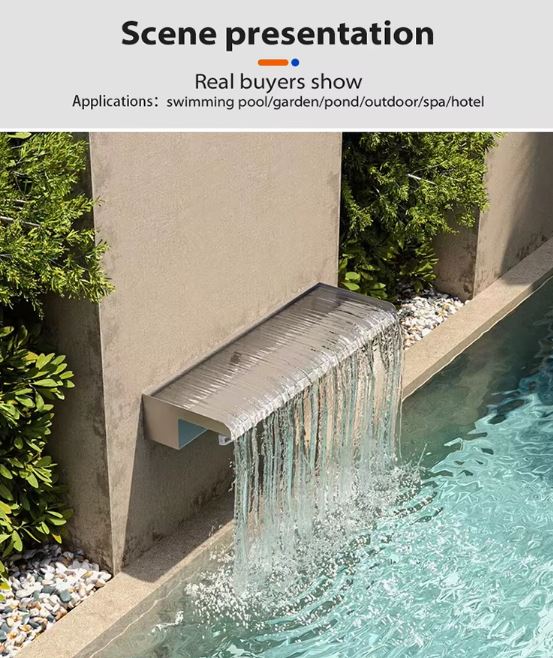 Pool Water Blade Waterfall Fountain LED Light Stainless Steel Garden Spa Wall
