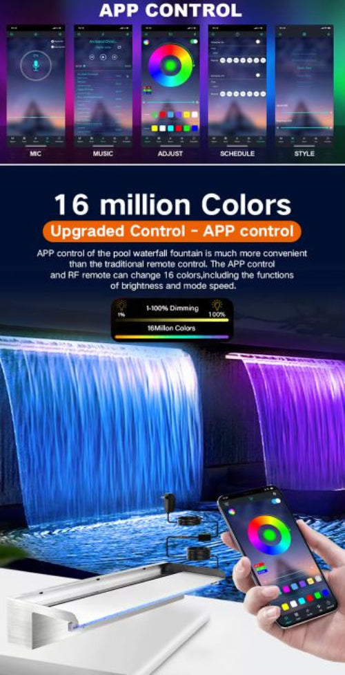 Pool Water Blade Waterfall Fountain LED Light Stainless Steel Garden Spa Wall