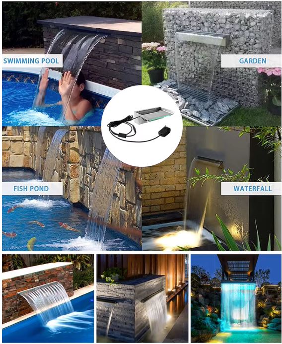 Pool Water Blade Waterfall Fountain LED Light Stainless Steel Garden Spa Wall