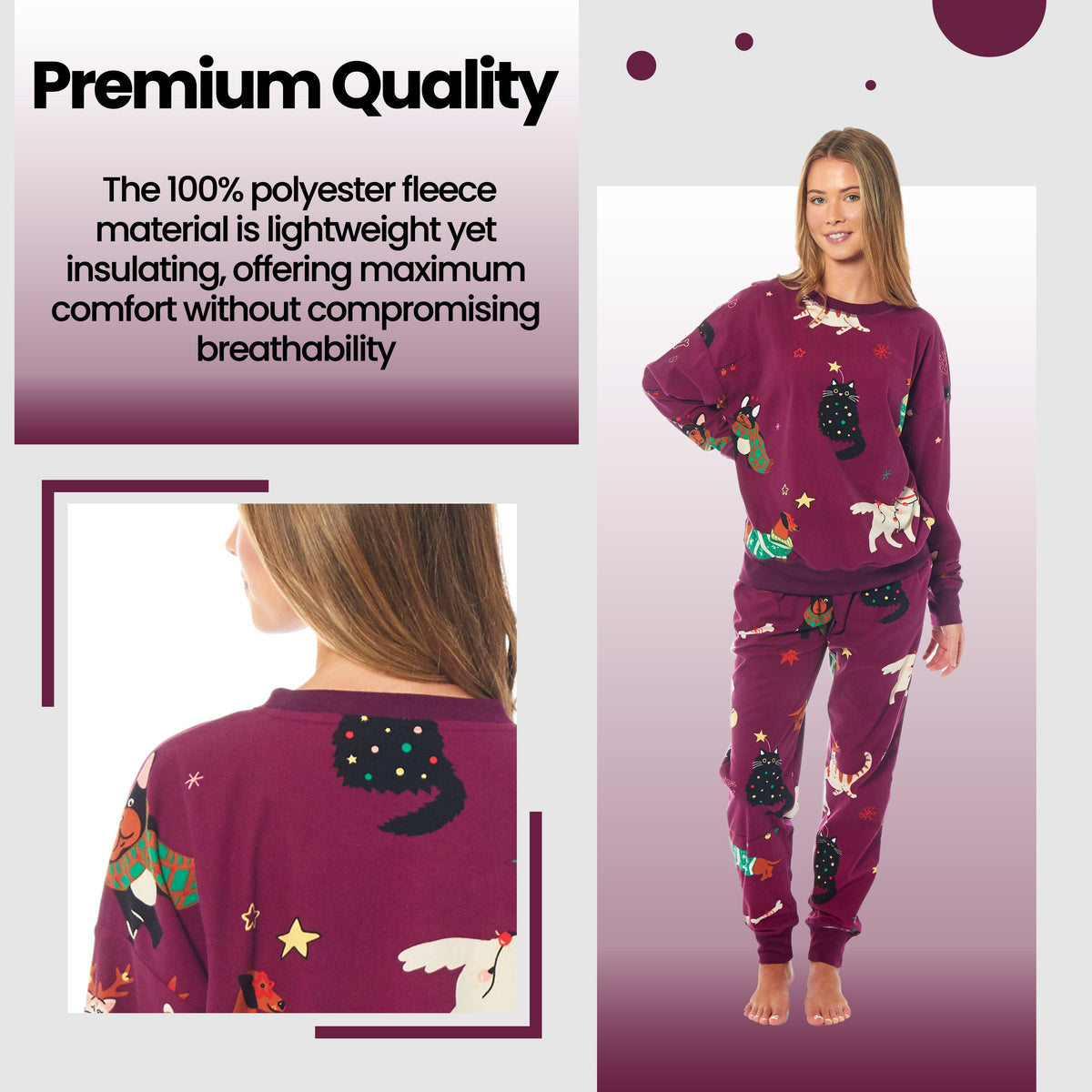 Daisy Dreamer Women's Cat And Dog Print Fleece Pyjama Set Long Sleeve Sleepwear Cosy Nightwear Set