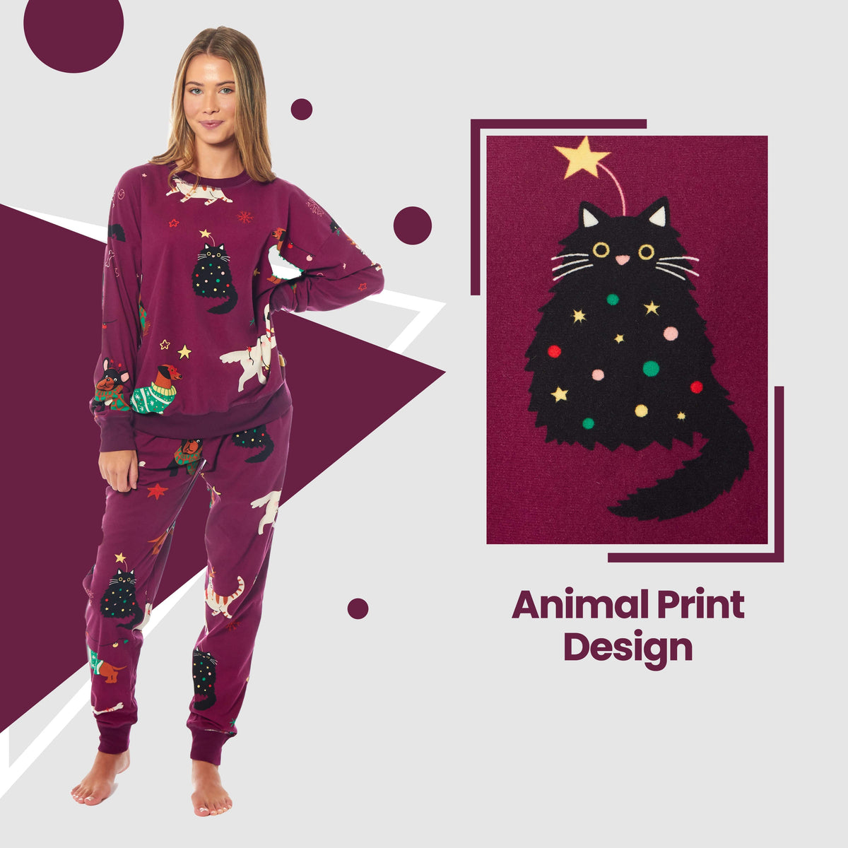 Daisy Dreamer Women's Cat And Dog Print Fleece Pyjama Set Long Sleeve Sleepwear Cosy Nightwear Set