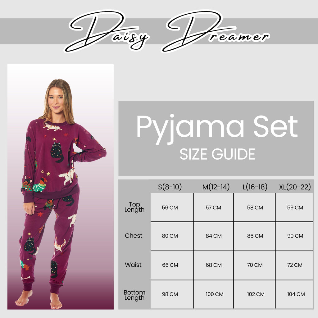 Daisy Dreamer Women's Cat And Dog Print Fleece Pyjama Set Long Sleeve Sleepwear Cosy Nightwear Set