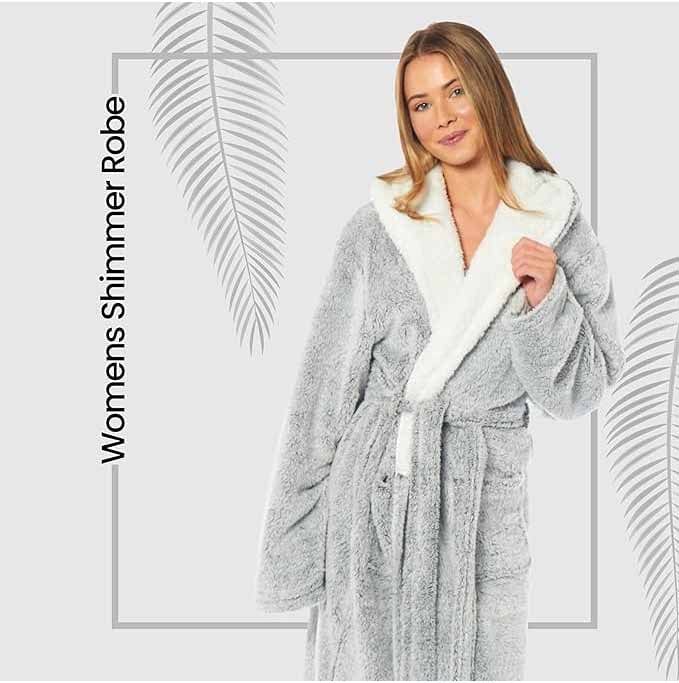 Daisy Dreamer Womens Shimmer Fleece Hooded Bath Robe Soft Plush Gown Cosy Winter