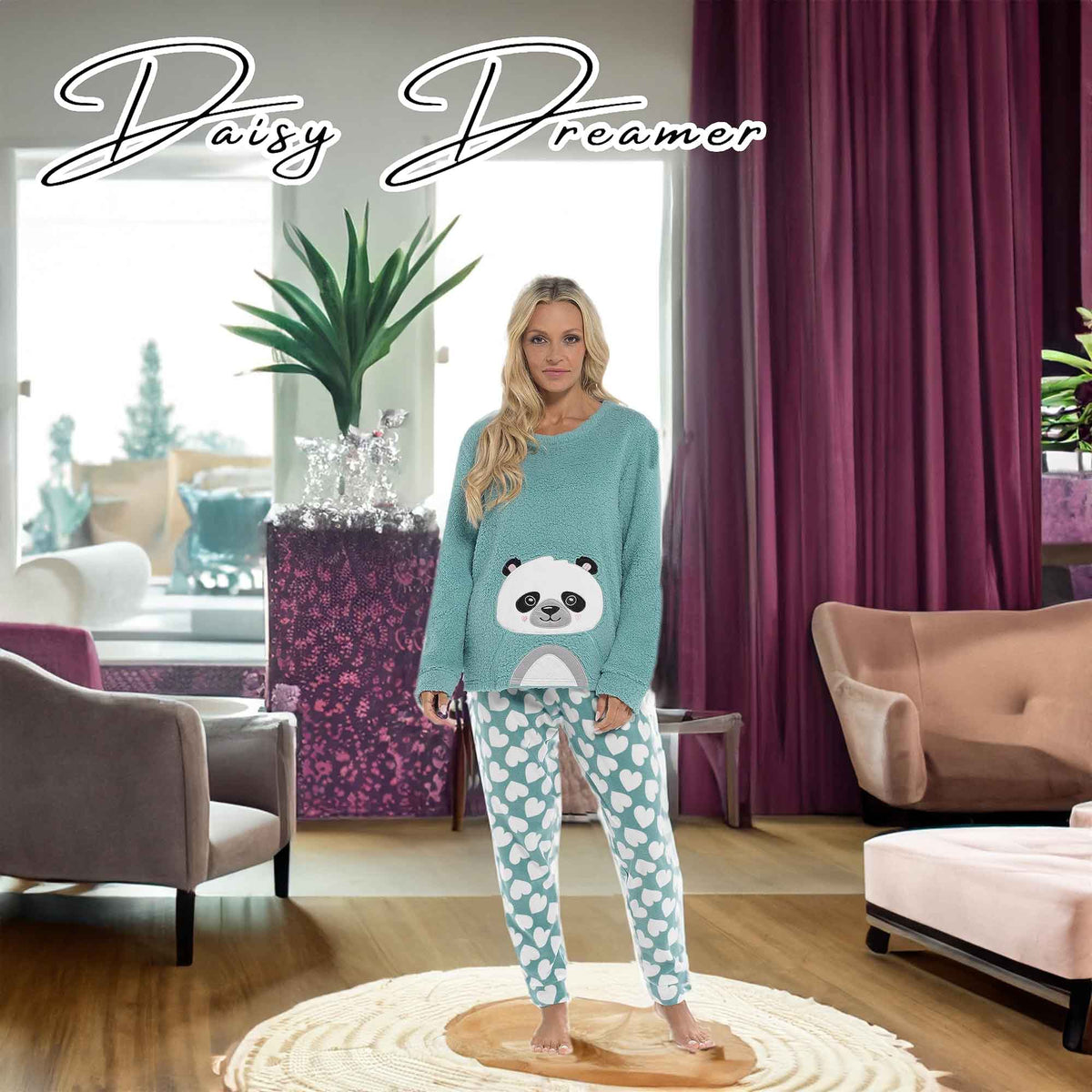 Daisy Dreamer Panda Ultra Soft Snuggle Fleece Pyjama Set For Women Cosy Winter Cosy Nightwear Set