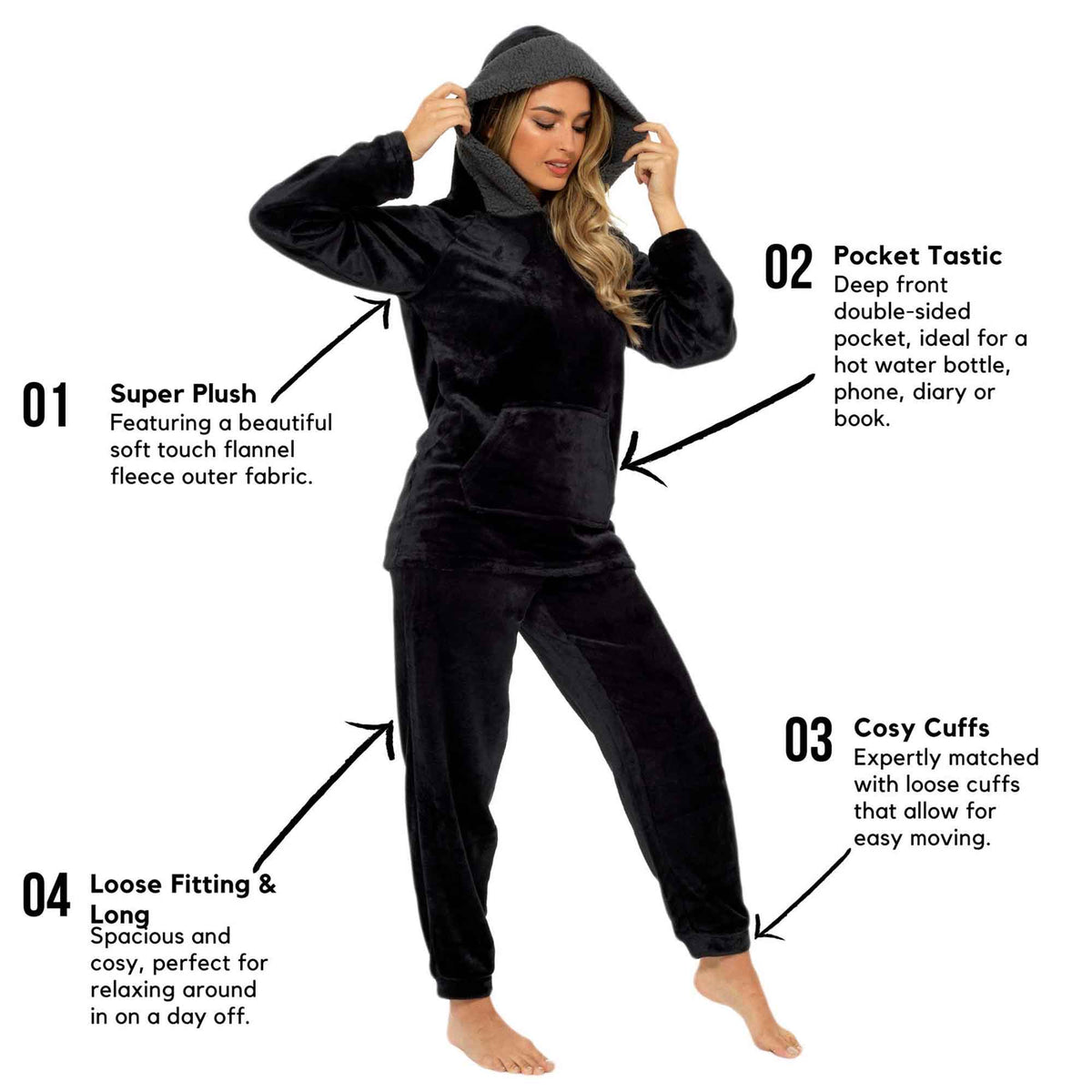 Daisy Dreamer Womens Plush Fleece Hooded Pyjama Set Ultra Soft Winter Nightwear Easy-Care Sleep Set