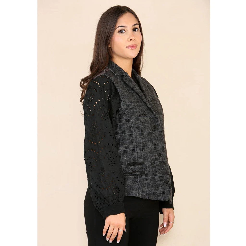 Women's Tweed Check Waistcoat Blazer Grey Suit
