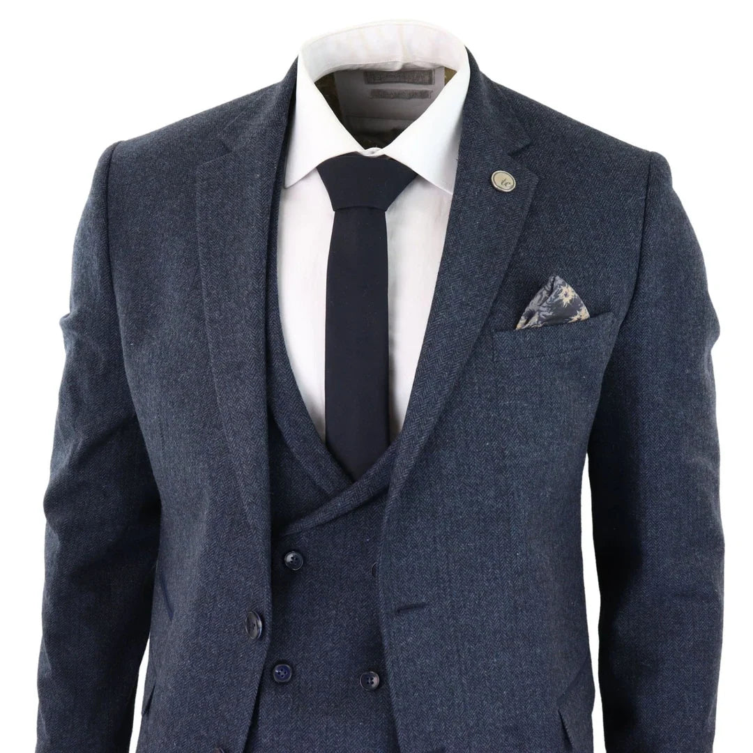 WS25 - Men's 3 Piece Tweed Suit Blue Double Breasted Waistcoat