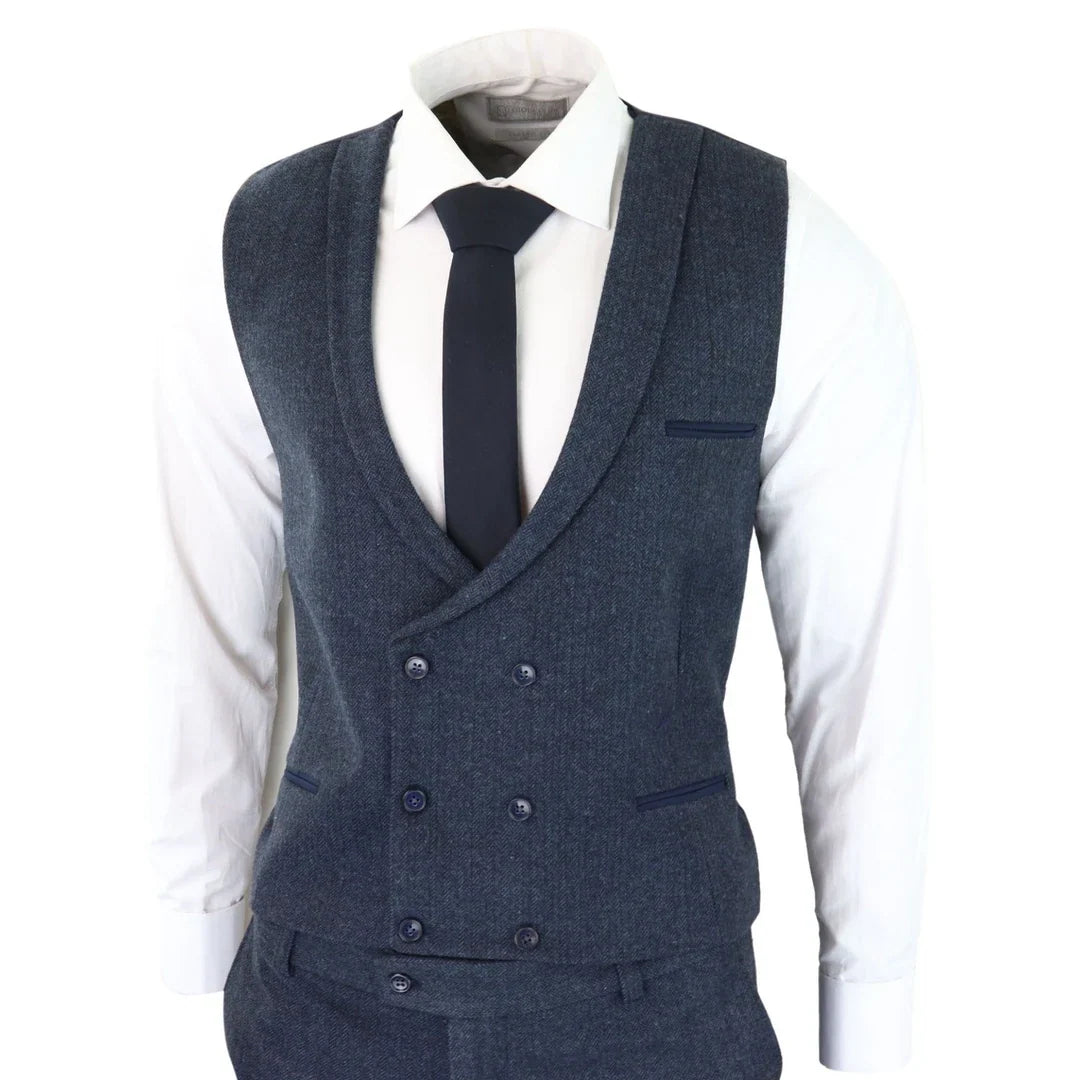 WS25 - Men's 3 Piece Tweed Suit Blue Double Breasted Waistcoat